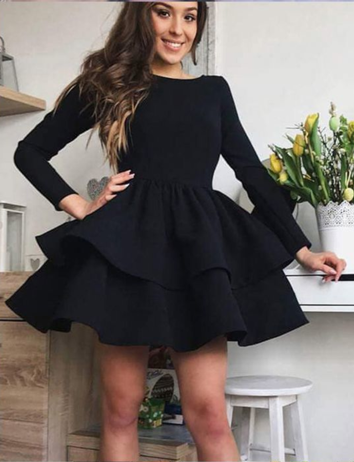 Ana Simple Black Satin Layered with Long Sleeves Homecoming Dresses CD929