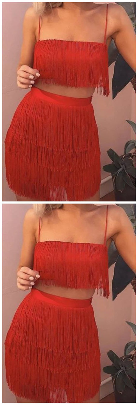 Sleeveless Spaghetti Strap Gia Fringe Crop Top Homecoming Dresses Bodycon Two Piece Mini CD9312