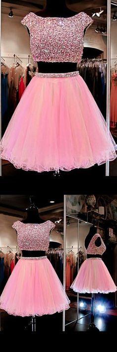 Cute Kristin Homecoming Dresses Jewel Two Pieces Beading Pink CD9897