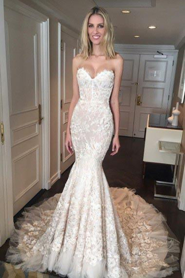 Gorgeous Mermaid Sweetheart Court Train Tulle Wedding Dresses with Appliques Lace JS275