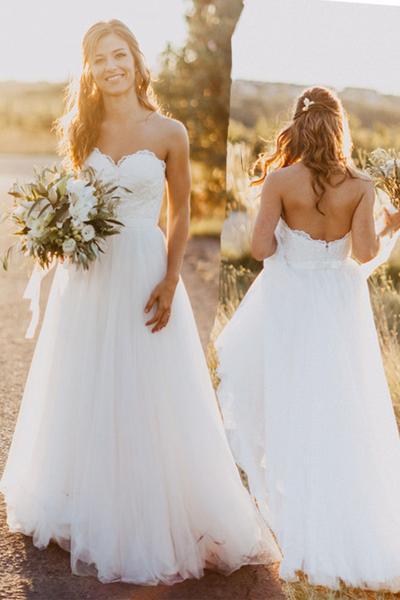 Elegant Tulle Beach 2024 Sweetheart Lace A line Simple Plus Size Country Wedding Dress JS714