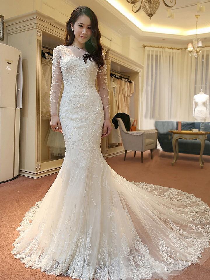 Elegant Mermaid Scoop Neck Tulle Beads Lace Appliques Chapel Train Long Sleeve Wedding Dress JS739