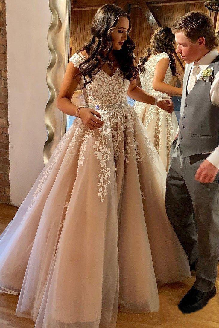 A Line Cheap Nude Quinceanera Dress Lace Appliques Cap Sleeve Beaded Prom Dresses JS238