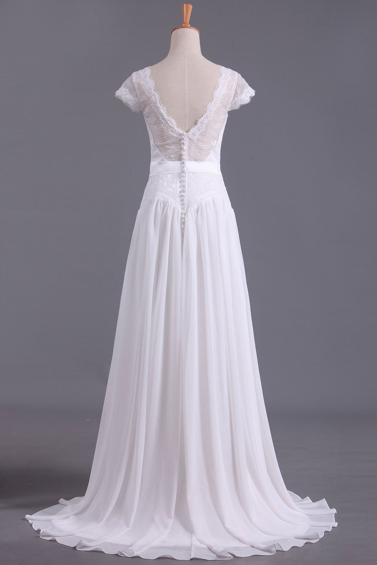 Wedding Dresses V Neck Chiffon & Lace Short Sleeves Sweep Train