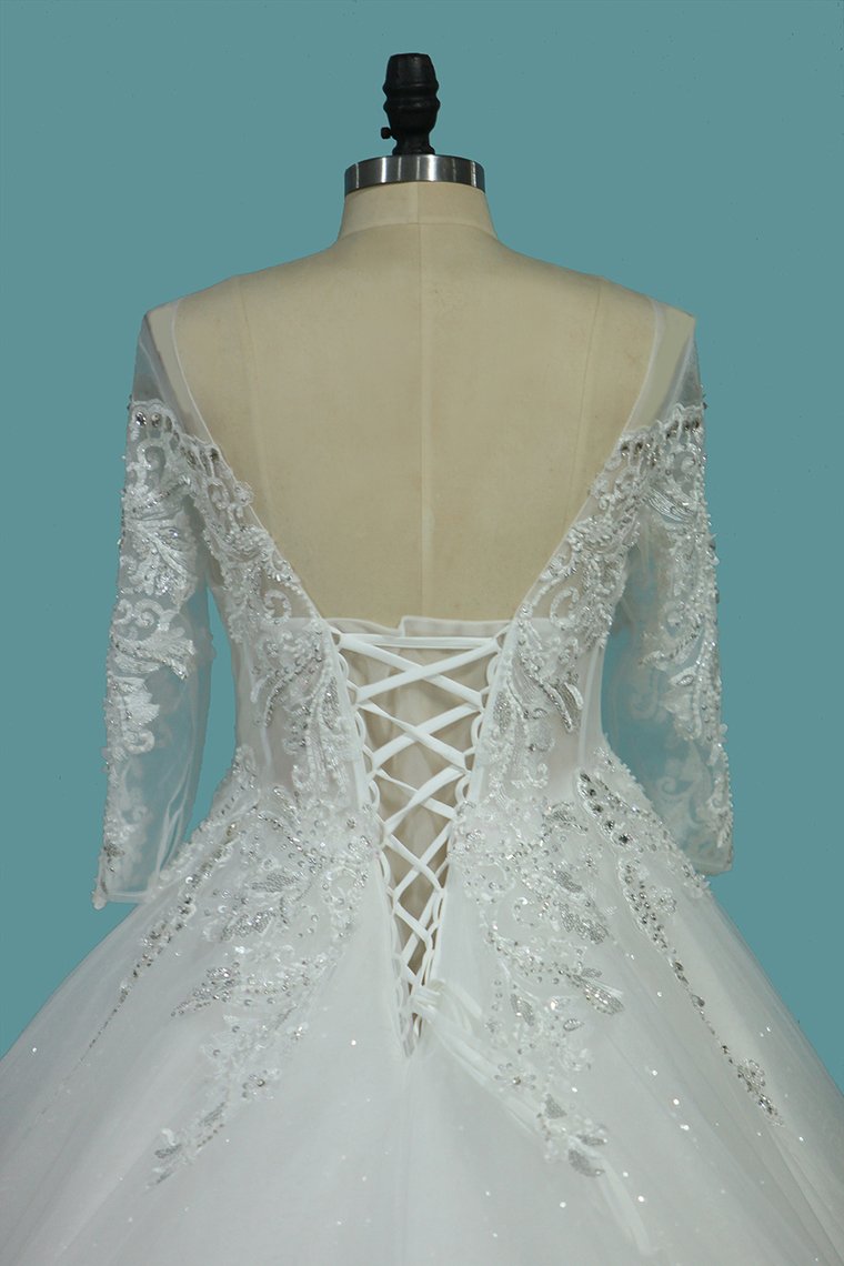 2024 Marvelous Wedding Dresses Scoop Lace Up With Rhinestones Royal Train