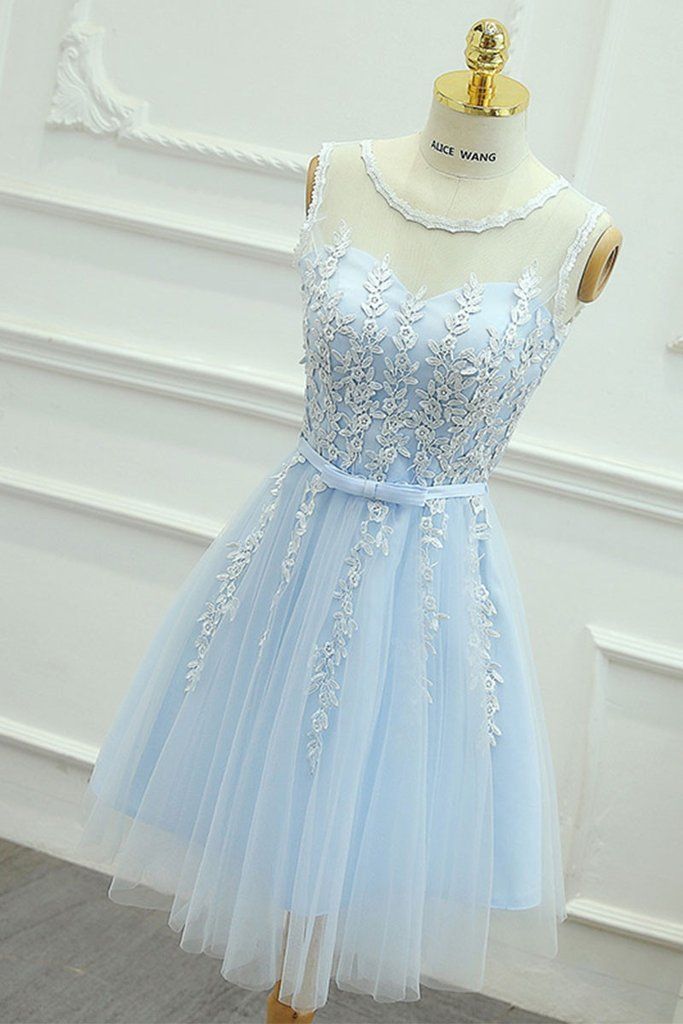 A-Line Appliques Light Sky Blue Cheap Short Tulle Homecoming Dress for Teens JS133