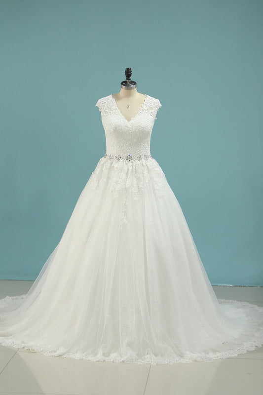 V Neck A Line Beaded Waistline Wedding Dresses Lace With Applique