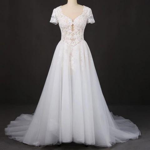 A-line Short Sleeves Beads V Neck Lace Applique Wedding Dresses, Bridal Dress SRS15051