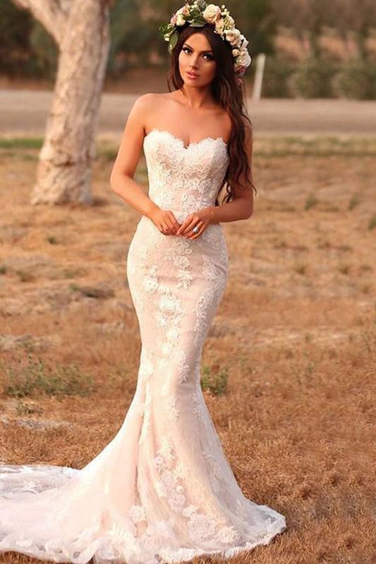 Charming Mermaid Lace Applique Sweetheart Sleeveless Wedding Dresses, Country Bridal Dresses SJS15107