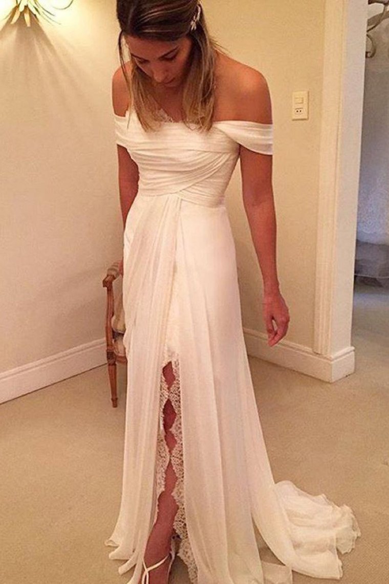 2024 Off The Shoulder Wedding Dresses A Line Chiffon With Ruffles And Slit