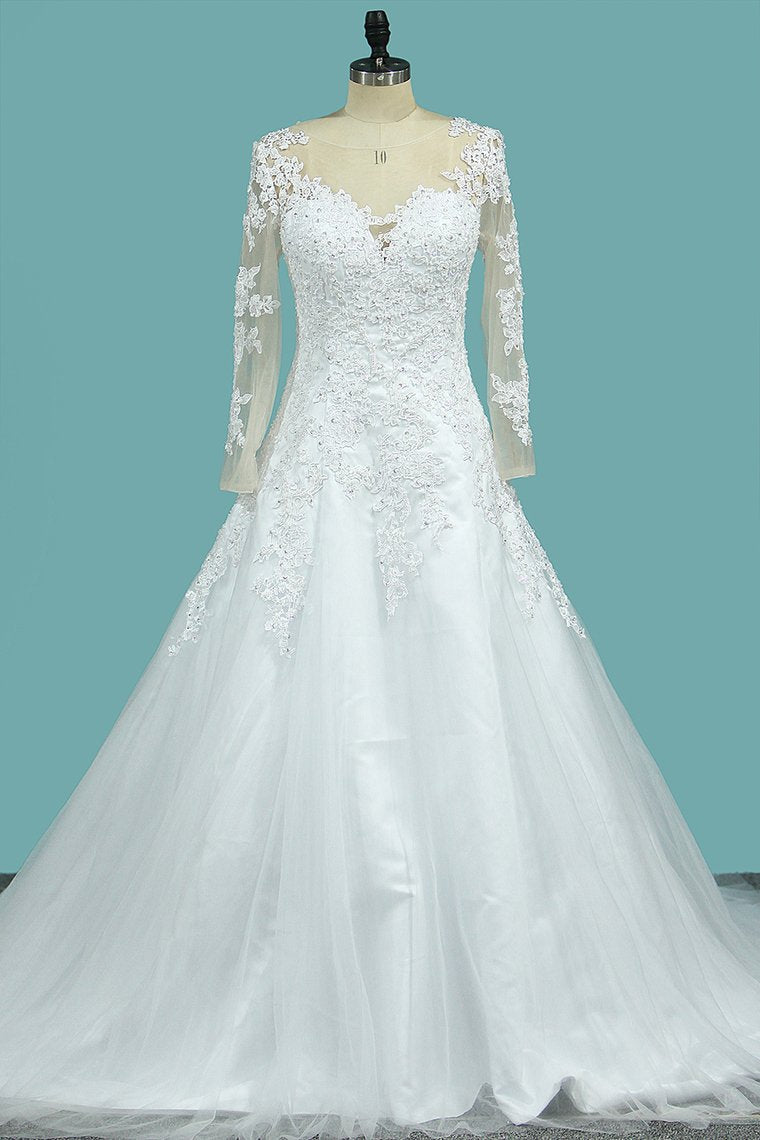 Tulle Wedding Dresses Scoop Long Sleeves A Line With Applique Court Train