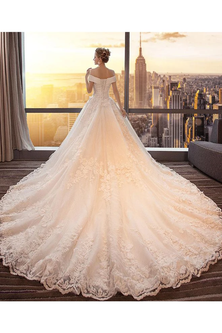 Gorgeous Off The Shoulder Lace Cathedral Train Wedding Dresses Princess Bridal SRSPT58L82L