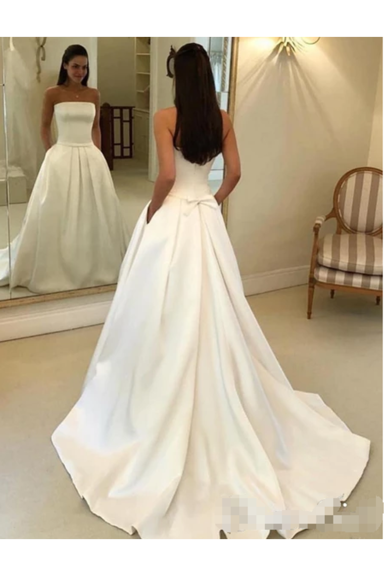 Strapless Simple Ivory Satin A Line Pleated Wedding Dresses With Court Train Bridal Dresses