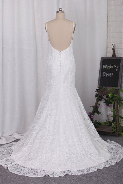 2024 Open Back Lace Spaghetti Straps Sweep Train Wedding Dresses