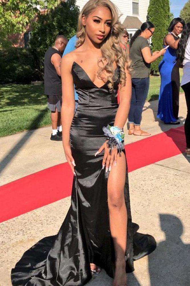 Sexy Strapless Mermaid V Neck Black Prom Dresses with Slit Sleeveless Long Evening Dress SRS15362