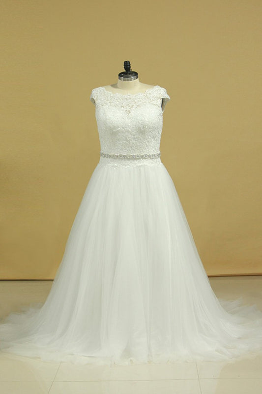 2024 Plus Size  Wedding Dresses A-Line Bateau Court Train V-Back Tulle