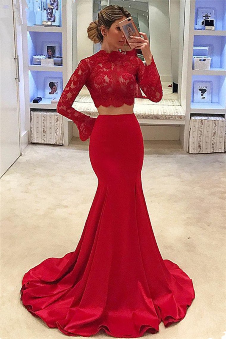 2024 Two-Piece High Neck Long Sleeves Satin With Applique Mermaid Prom Dresses