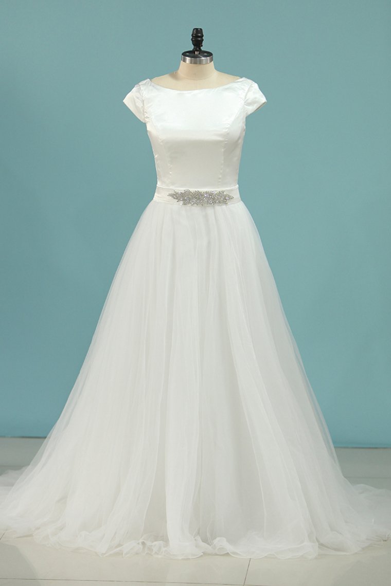 A Line Bateau Short Sleeves Satin & Tulle With Beads Wedding Dresses