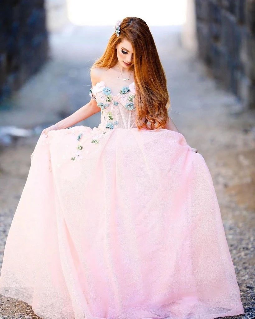 Princess Ball Gown Sweetheart Pink One Shoulder Prom Dresses, Quinceanera Dresses SJS15296