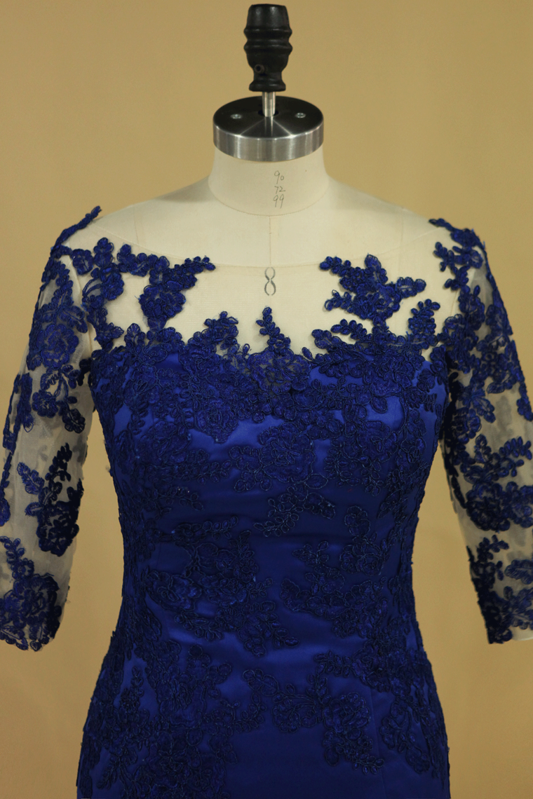 2024 Bateau Dark Royal Blue Mother Of The Bride Dresses 3/4 Length Sleeve With Applique Satin Dark Royal Blue