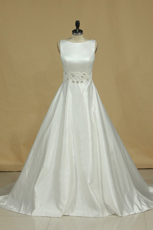 2024 A Line Scoop Beaded Waistline Wedding Dresses Satin With Bow Knot Court Train