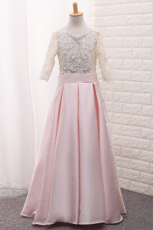 2024 Scoop Mid-Length Sleeve Satin A Line Flower Girl Dresses With Applique Floor-Length