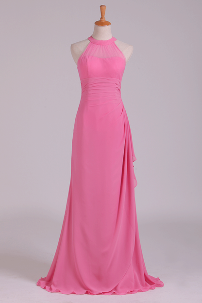 2024 Scoop Sheath Bridesmaid Dress Chiffon With Ruffles Floor Length