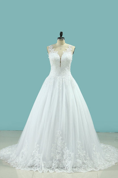 2024 Wedding Dresses A Line Scoop Tulle With Applique Court Train