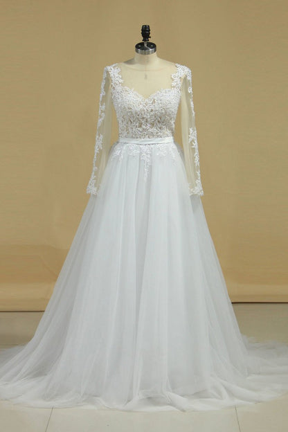 2024 Boat Neck Wedding Dresses A-Line Long Sleeves Applique  Tulle