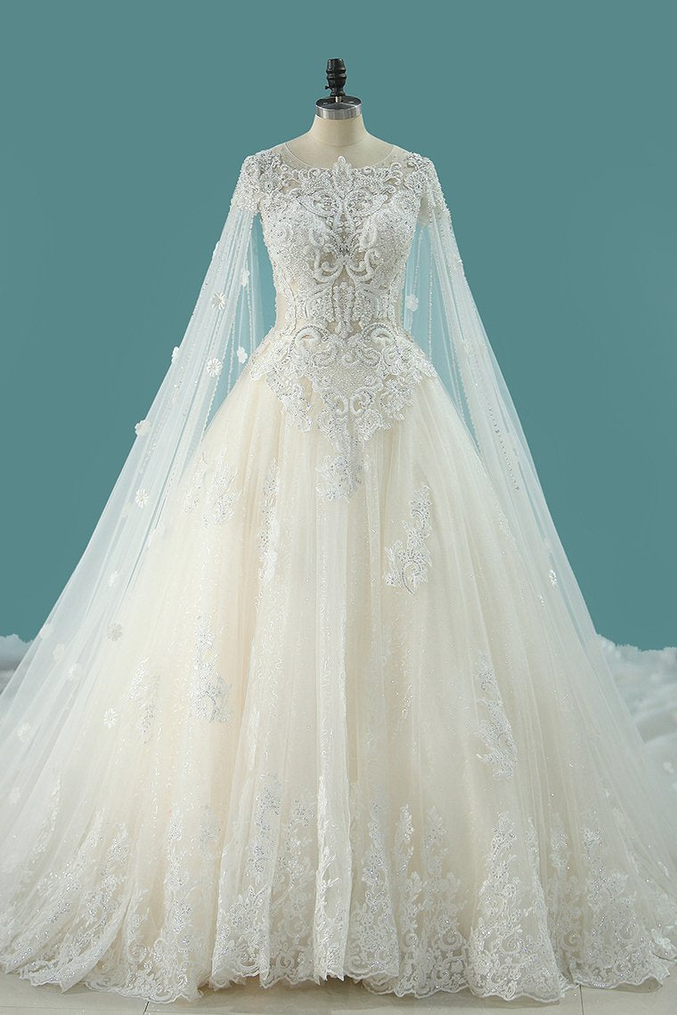 2024 Luxurious Scoop Wedding Dresses A Line Tulle With Appliques And Beading Royal Train