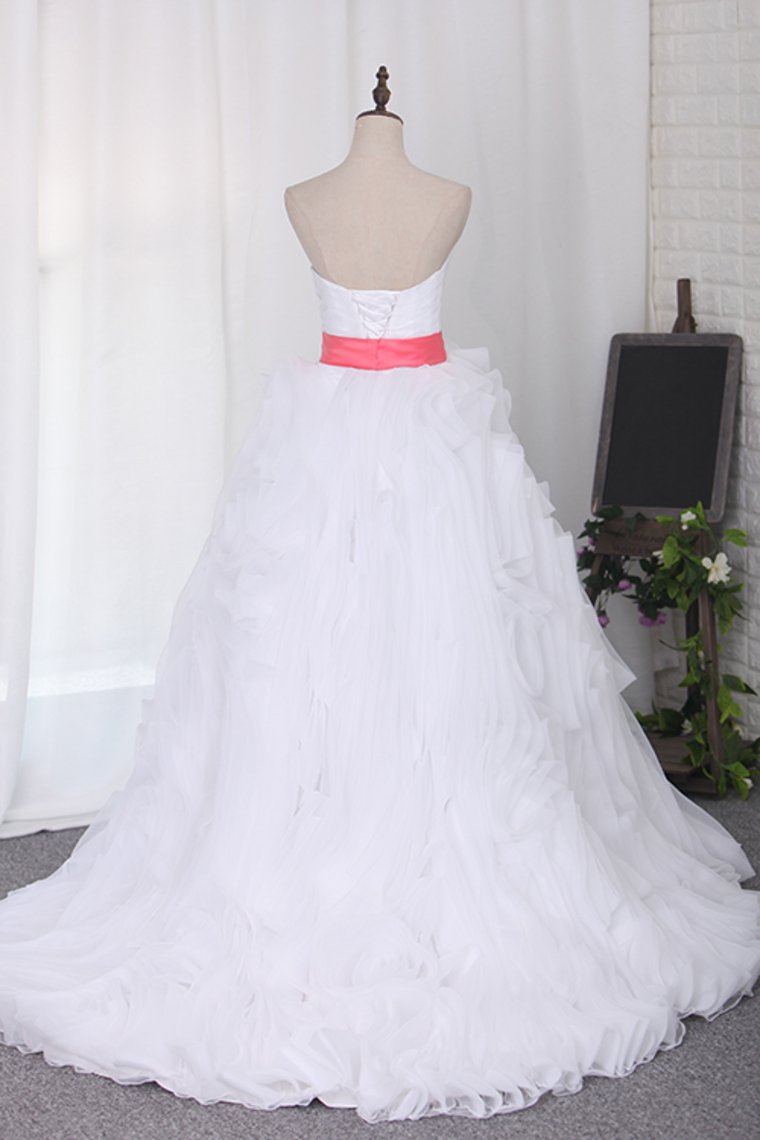 Sweetheart Ruffled Bodice A Line Organza Court Train Wedding Dresses