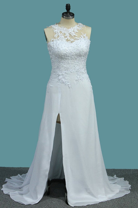 2024 A Line Scoop Chiffon Wedding Dresses With Applique And Slit Sweep Train