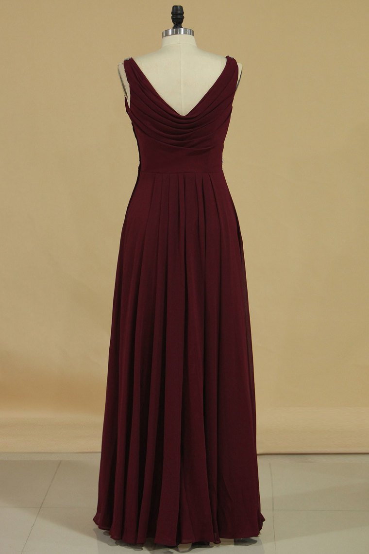 V Neck Bridesmaid Dresses A Line With Beads And Ruffles Floor Length Chiffon