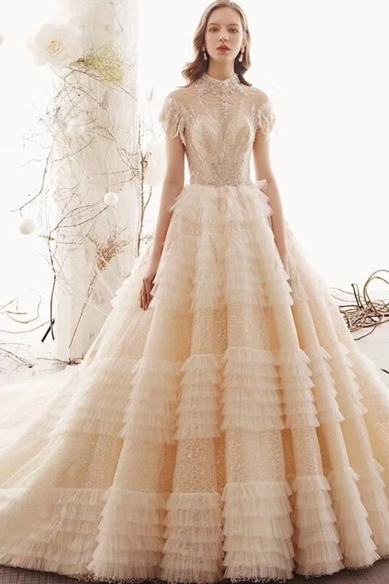 Ball Gown Wedding Dresses High Neck Top Quality Tulle Lace Up Back