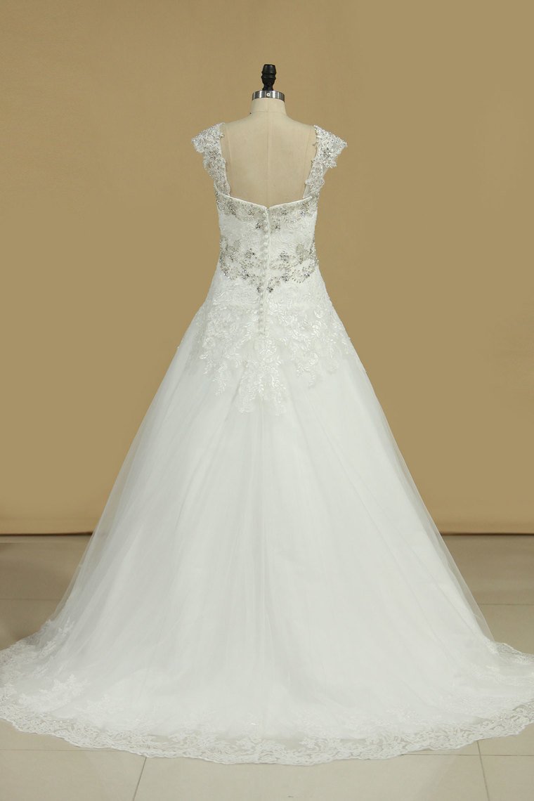 Straps A Line Wedding Dresses With Applique And Beads Tulle