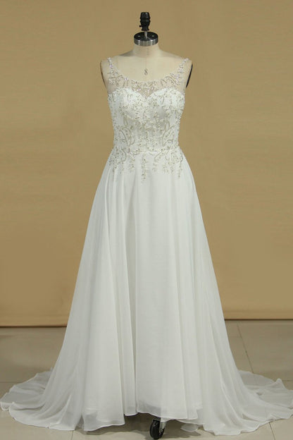 2024 Chiffon Spaghetti Straps Beaded Bodice Wedding Dresses A Line