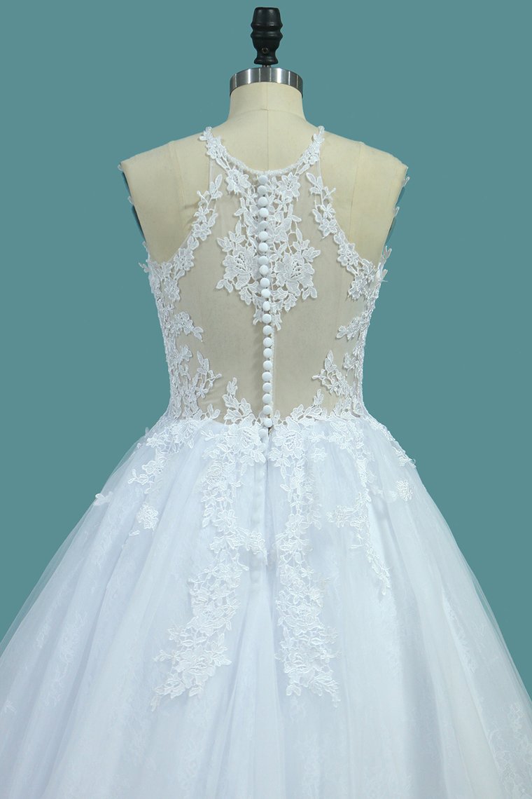 Tulle & Lace Wedding Dresses Scoop A Line With Applique Sweep Train