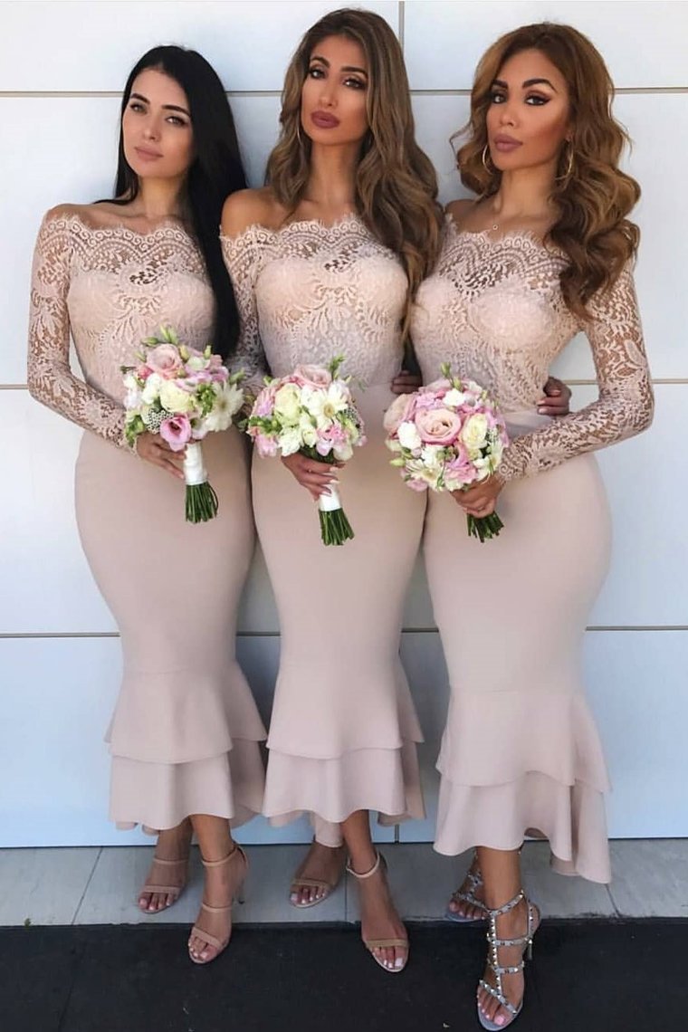 Long Sleeves Mermaid Sheath Lace Bridesmaid Dresses Elegant Wedding Party Dresses