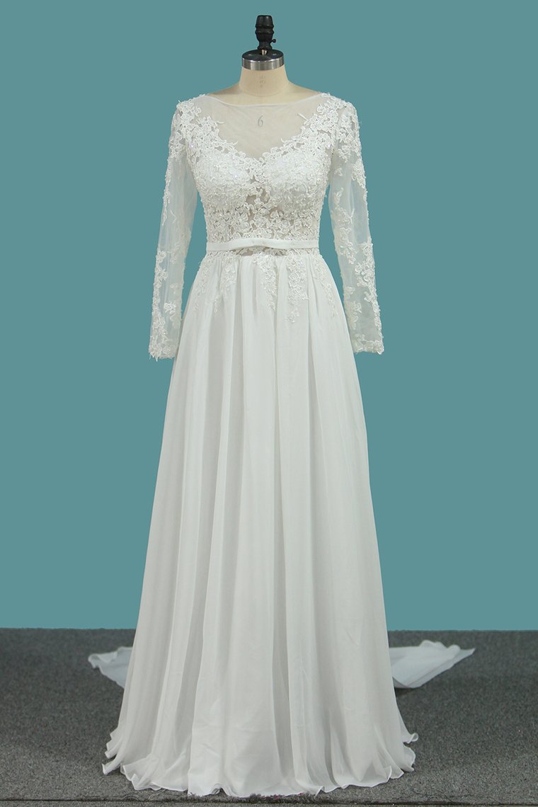 2024 Long Sleeves A Line Scoop Wedding Dresses With Applique And Sash