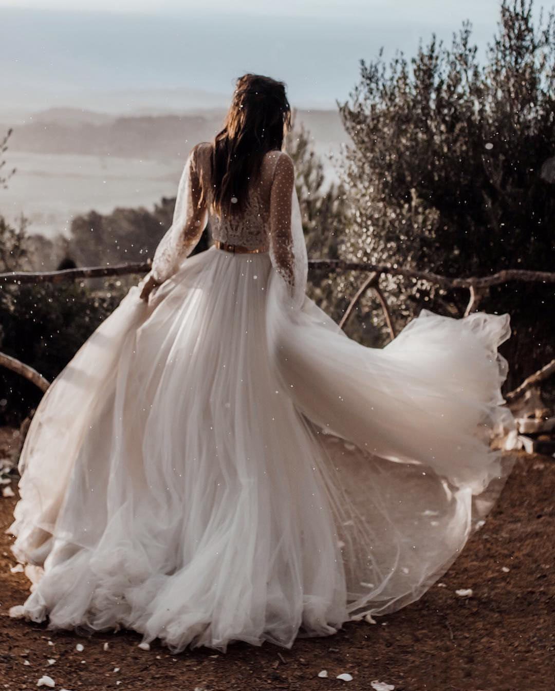 A Line Long Sleeves Ivory V Neck Beach Wedding Dresses with Lace Appliques, Bridal Dresses SRS15491