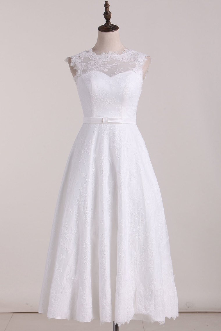 A Line Wedding Dresses Scoop Lace With Sash Tea-Length