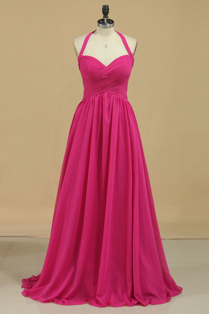 2024 Halter A Line Chiffon Bridesmaid Dresses Floor-Length With Ruffles