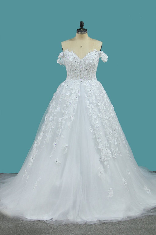 2024 Tulle A Line Off The Shoulder With Applique And Beads Court Train Wedding Dresses