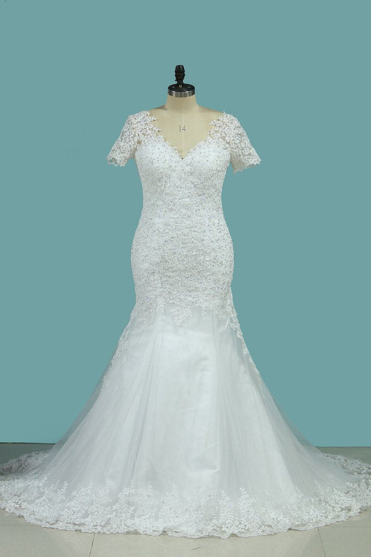 2024 New Arrival Mermaid/Trumpet Wedding Dresses V-Neck Tulle With Applique Short Sleeves