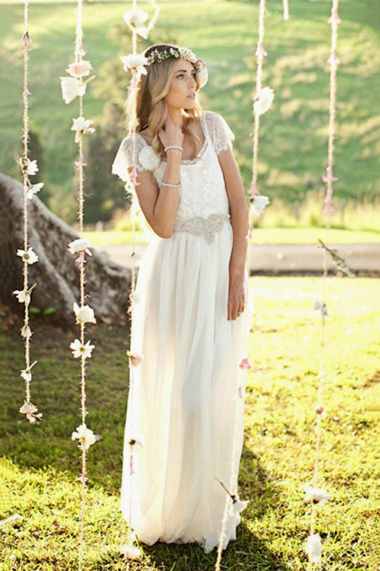 2024 A Line Wedding Dresses Chiffon & Lace With Beading