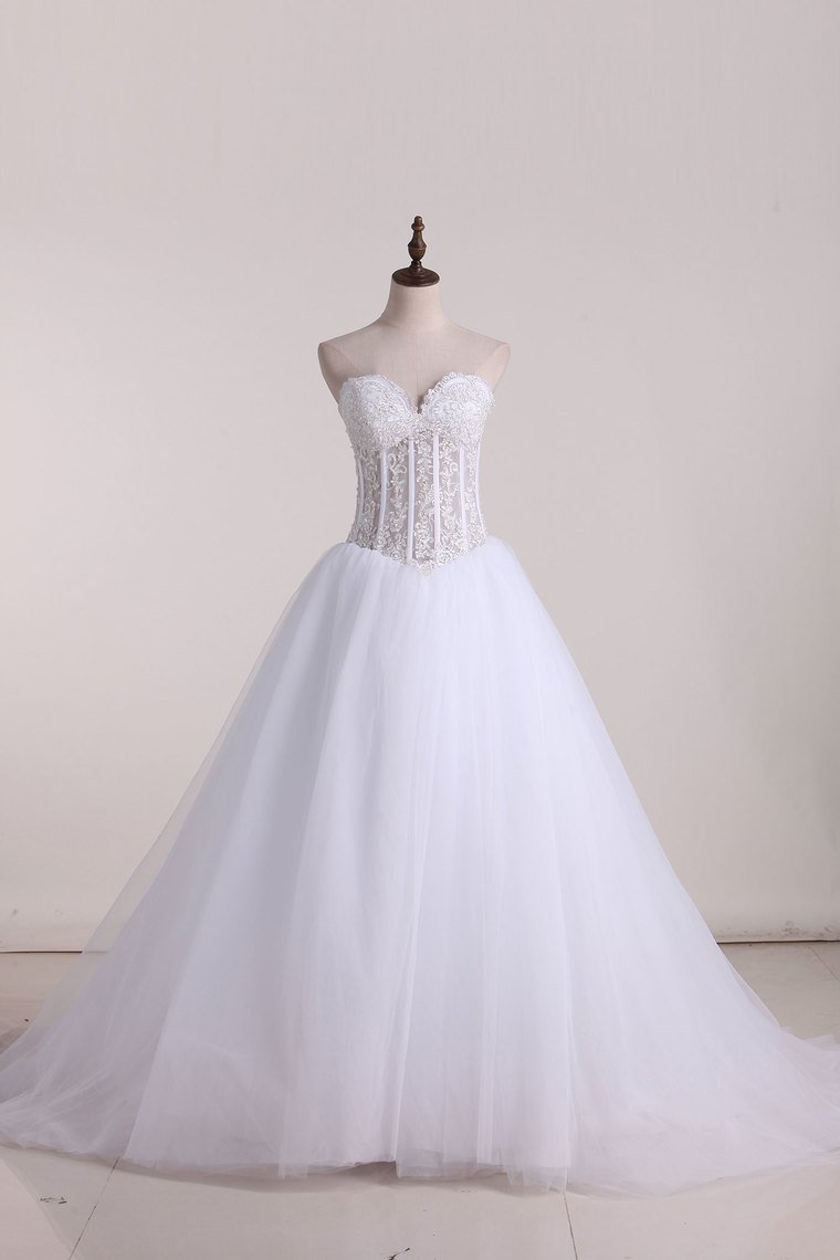 Gorgeous Wedding Dresses A-Line Sweetheart See Through Floor-Length Tulle With Pearls Lace Up