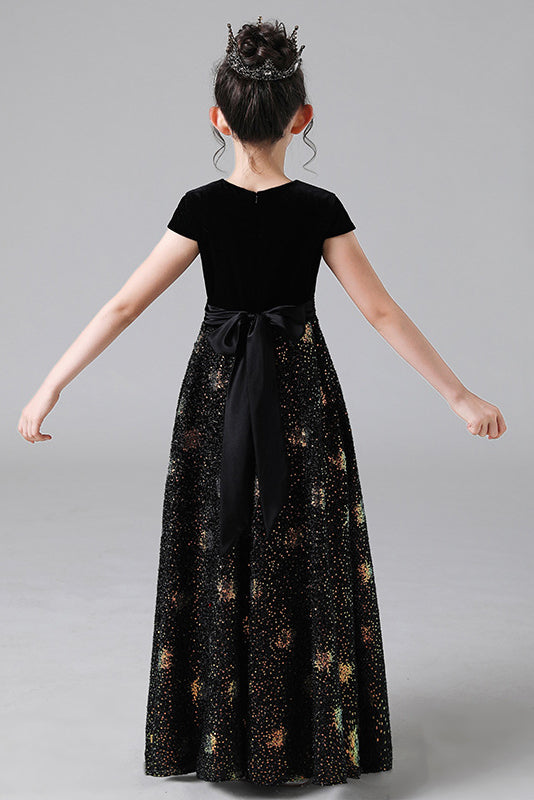 A Line Black Cap Sleeve Floor Length Flower Girl Dresses