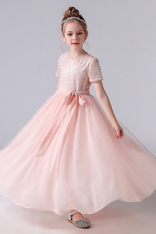 Cute Pink Tulle Sequins Flower Girl Dresses With Belt