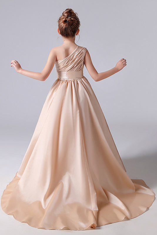 One shoulder Champagne Pleats Flower Girl Dresses With Flower Belt