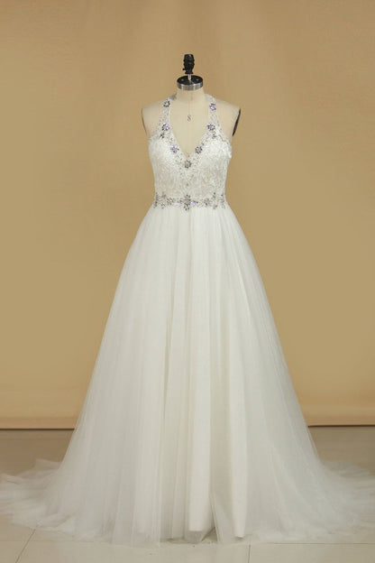 2024 Halter Wedding Dresses A Line Open Back Tulle With Emroidery And Beads